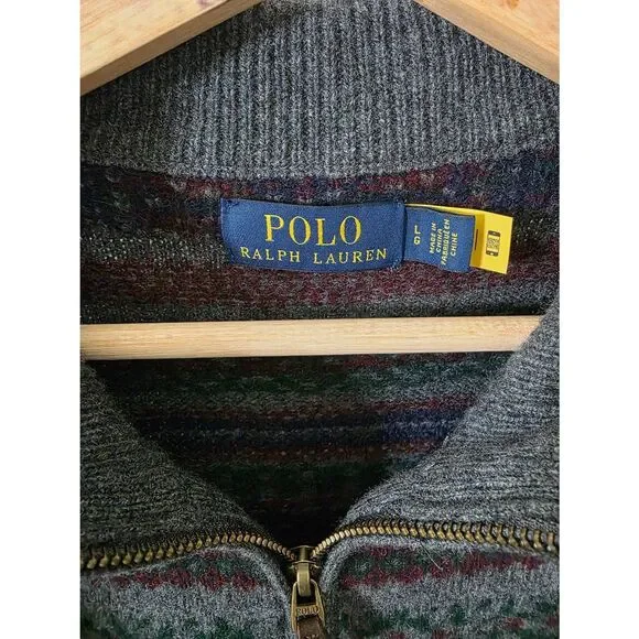 POLO RALPH LAUREN Men's Grey Fair Isle Wool-Cashmere 1/4 Zip Pullover Sweater L